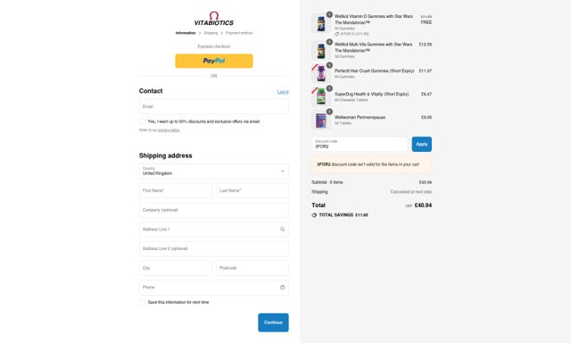 Vitabiotics checkout page showing Vitabiotics discount code box | Screenshot taken by SimplyCodes community member on Aug 25, 2025
