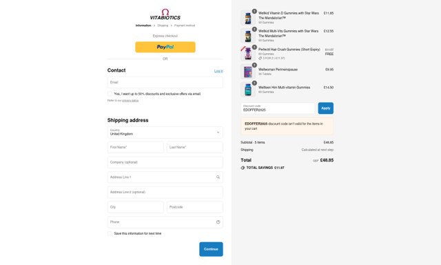 Vitabiotics checkout page showing Vitabiotics discount code box | Screenshot taken by SimplyCodes community member on Sep 2, 2025