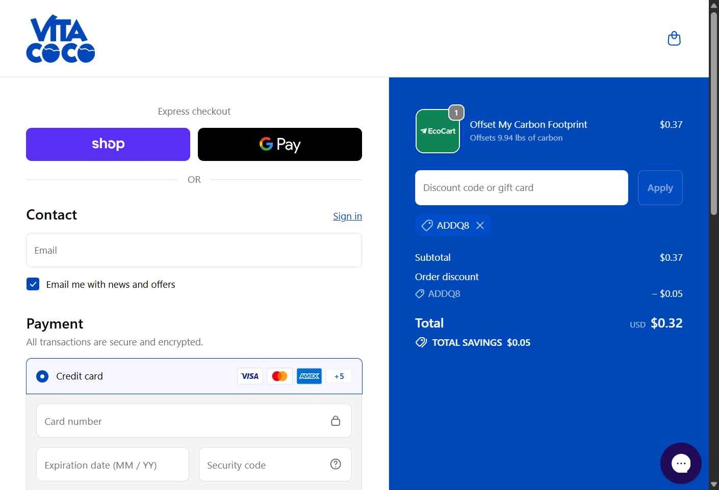 Vita Coco checkout page showing Vita Coco coupon code box | Screenshot taken by SimplyCodes community member on Feb 3, 2026