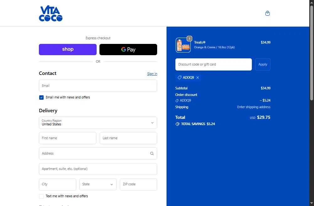 Vita Coco checkout page showing Vita Coco coupon code box | Screenshot taken by SimplyCodes community member on Feb 3, 2026