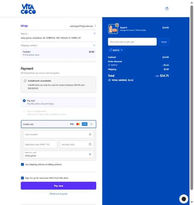 Vita Coco checkout page showing Vita Coco coupon code box | Screenshot taken by SimplyCodes community member on Feb 6, 2026
