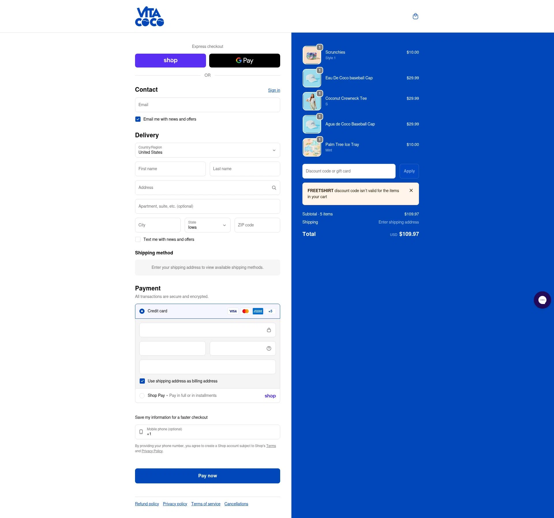 Vita Coco checkout page showing Vita Coco coupon code box | Screenshot taken by SimplyCodes community member on Feb 3, 2026