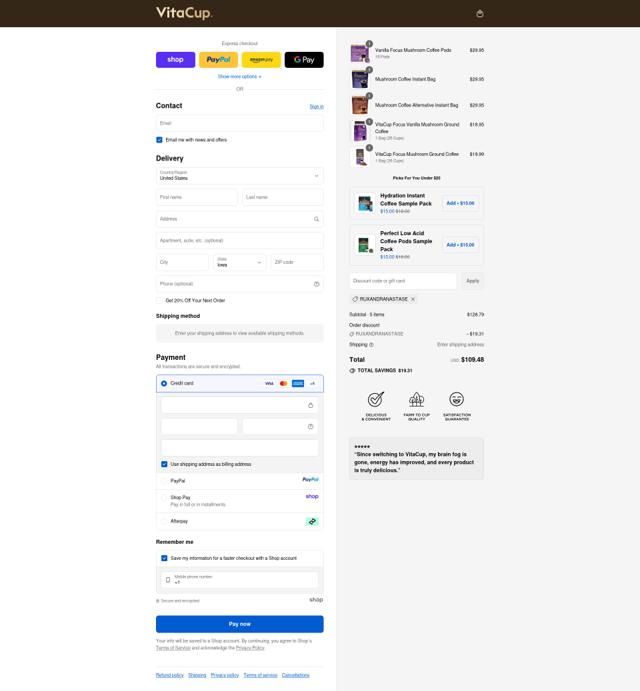 VitaCup checkout page showing VitaCup promo code box | Screenshot taken by SimplyCodes community member on Sep 15, 2025