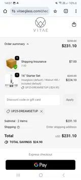 Vitae Glass coupon verification screenshot