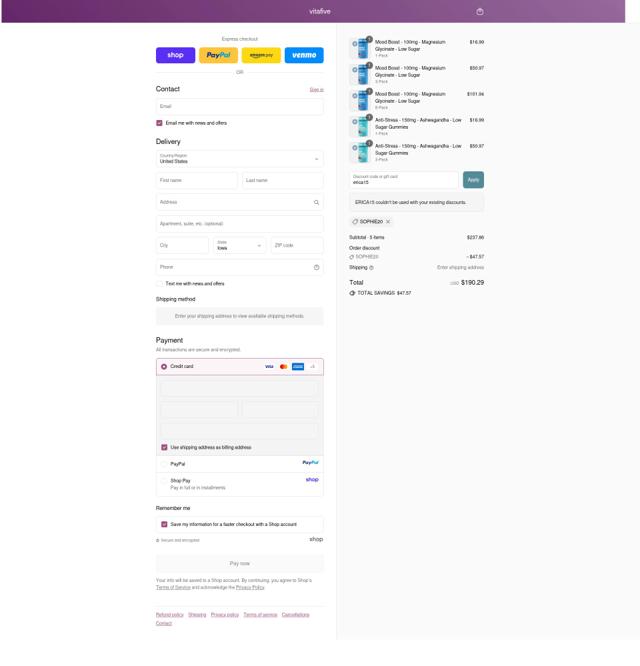 VitaFive checkout page showing VitaFive coupon code box | Screenshot taken by SimplyCodes community member on Sep 9, 2025