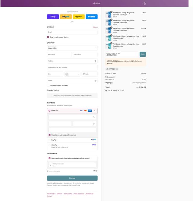 VitaFive checkout page showing VitaFive coupon code box | Screenshot taken by SimplyCodes community member on Sep 9, 2025