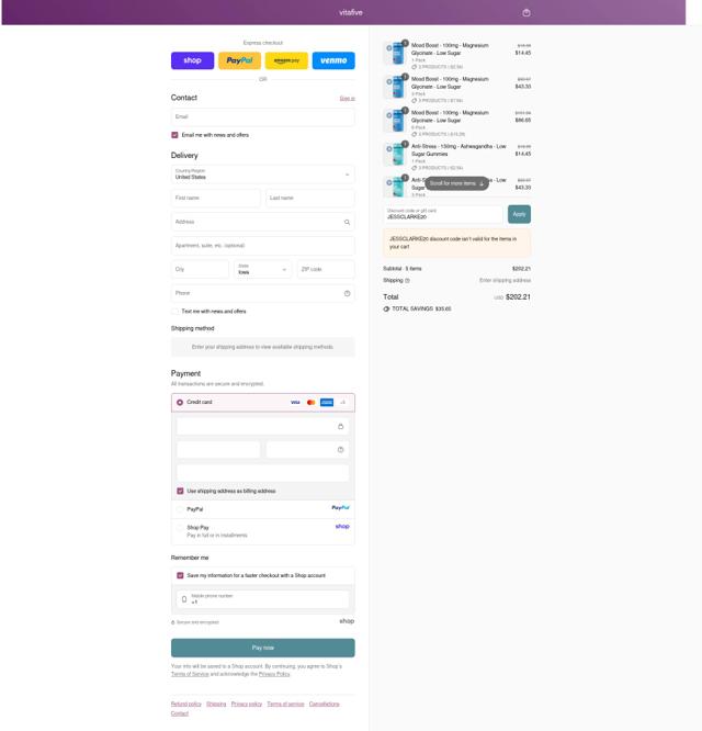 VitaFive checkout page showing VitaFive coupon code box | Screenshot taken by SimplyCodes community member on Sep 13, 2025