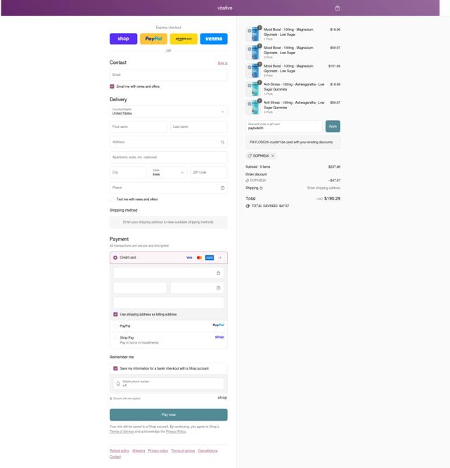 VitaFive checkout page showing VitaFive coupon code box | Screenshot taken by SimplyCodes community member on Sep 9, 2025