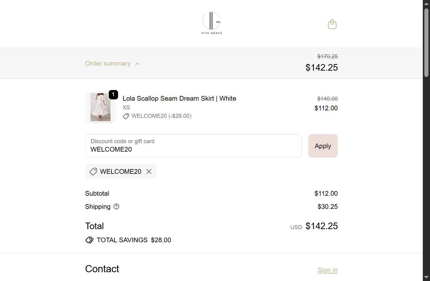 VITA GRACE checkout page showing VITA GRACE discount code box | Screenshot taken by SimplyCodes community member on Feb 9, 2026