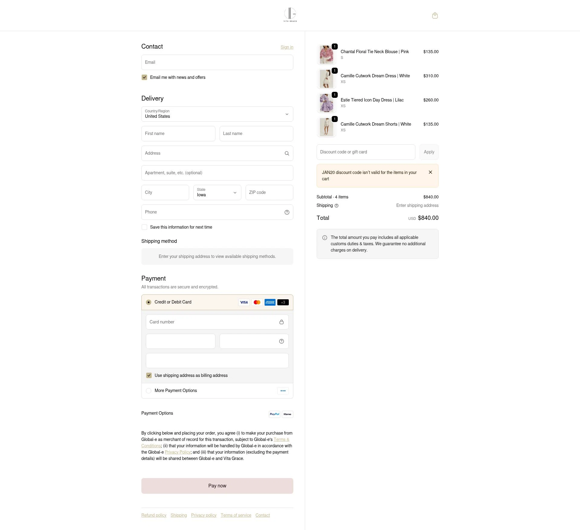 VITA GRACE checkout page showing VITA GRACE discount code box | Screenshot taken by SimplyCodes community member on Feb 13, 2026