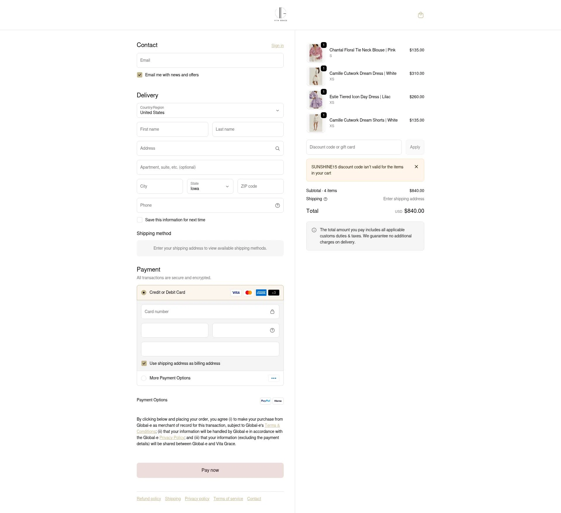 VITA GRACE checkout page showing VITA GRACE discount code box | Screenshot taken by SimplyCodes community member on Feb 13, 2026