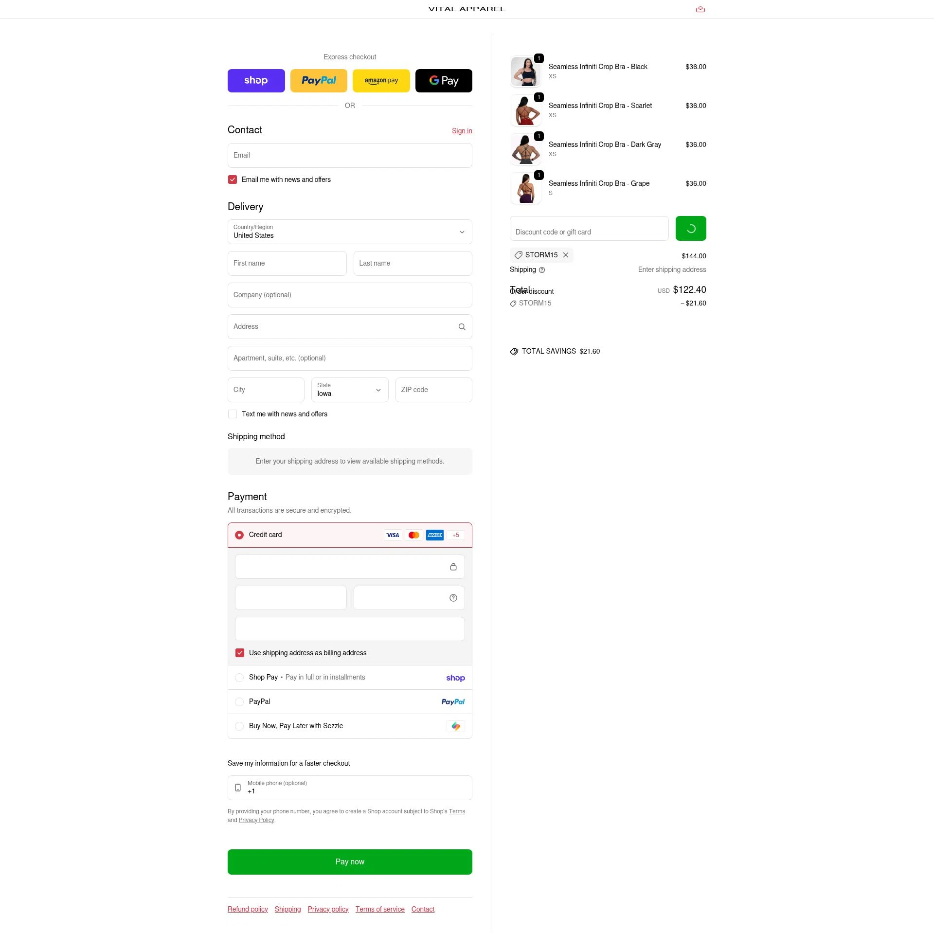 Vital Apparel checkout page showing Vital Apparel discount code box | Screenshot taken by SimplyCodes community member on Feb 19, 2026