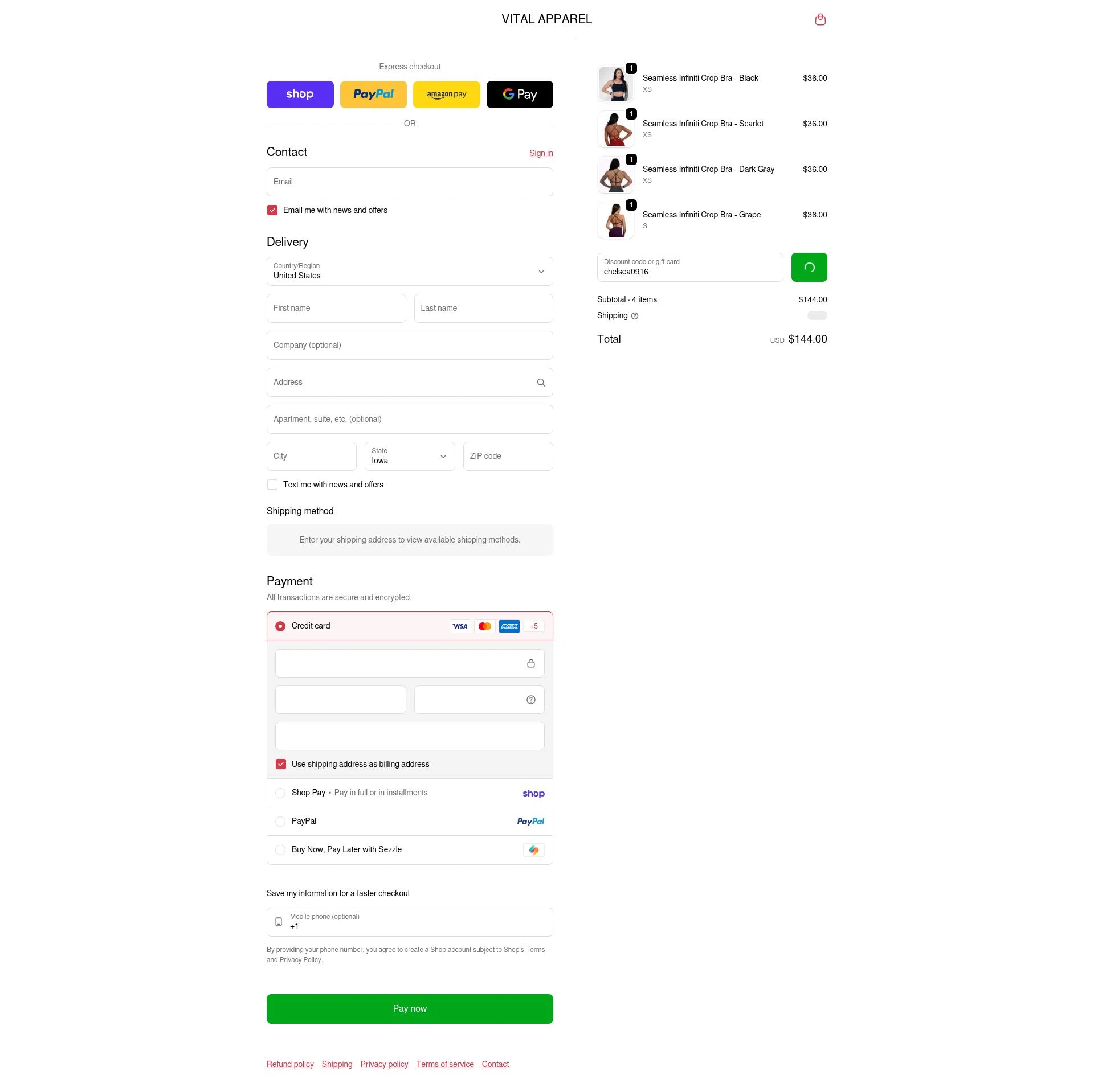 Vital Apparel checkout page showing Vital Apparel discount code box | Screenshot taken by SimplyCodes community member on Feb 19, 2026