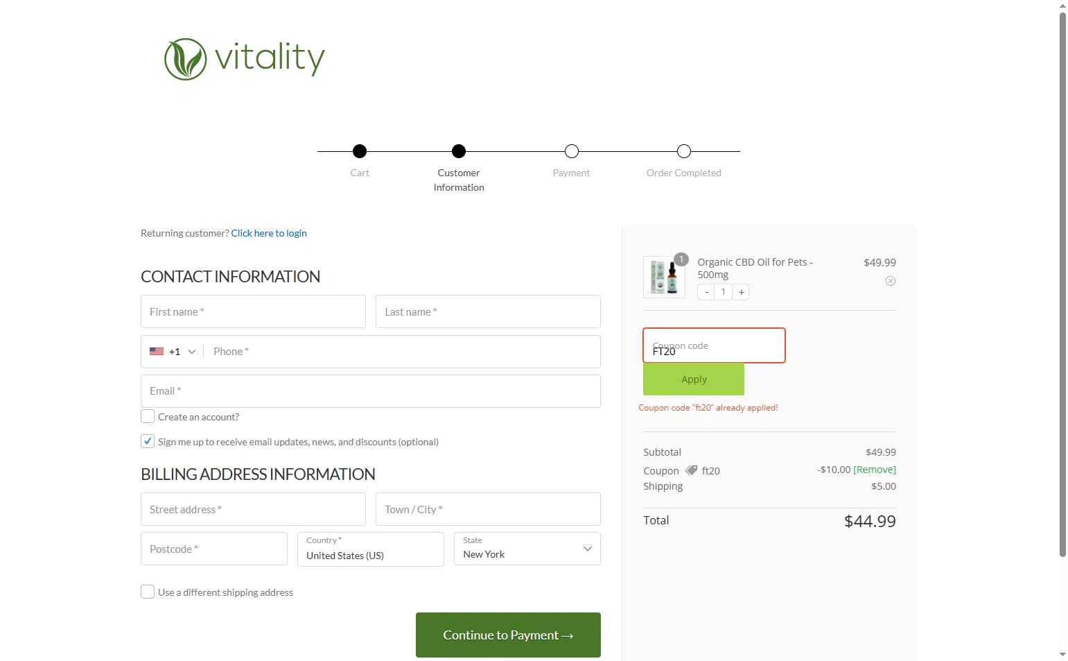Vitality CBD checkout page showing Vitality CBD discount code box | Screenshot taken by SimplyCodes community member on Nov 26, 2025