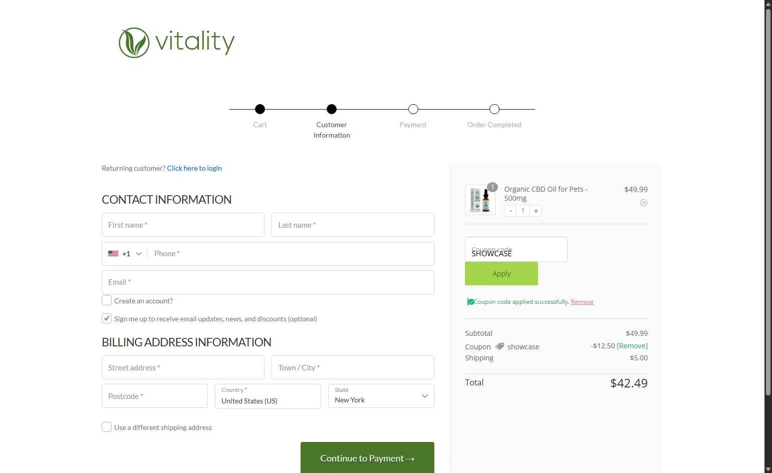 Vitality CBD checkout page showing Vitality CBD discount code box | Screenshot taken by SimplyCodes community member on Jan 3, 2026