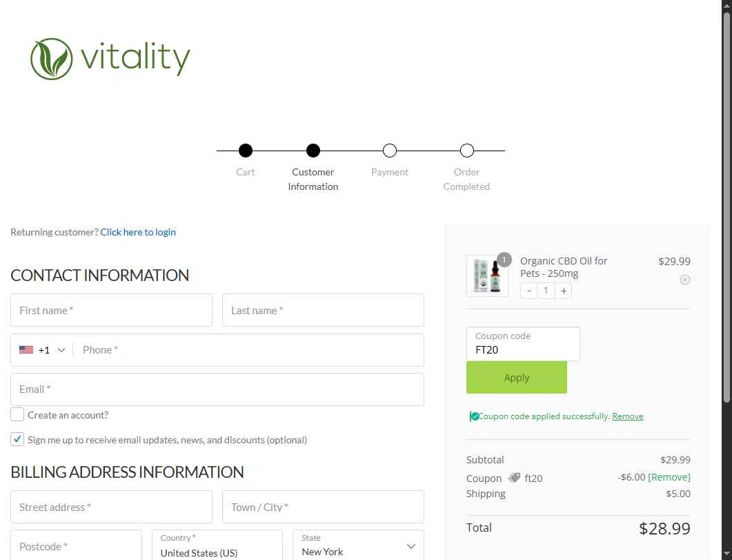 Vitality CBD checkout page showing Vitality CBD discount code box | Screenshot taken by SimplyCodes community member on Oct 18, 2025