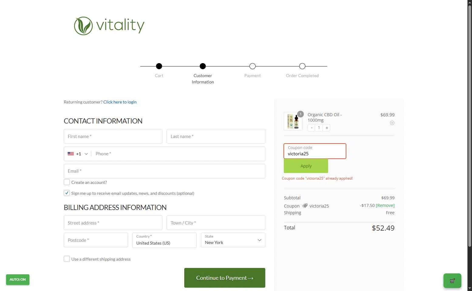 Vitality CBD checkout page showing Vitality CBD discount code box | Screenshot taken by SimplyCodes community member on Sep 23, 2025