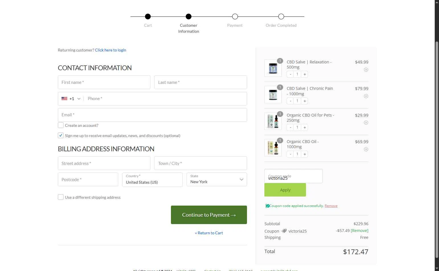 Vitality CBD checkout page showing Vitality CBD discount code box | Screenshot taken by SimplyCodes community member on Nov 20, 2025