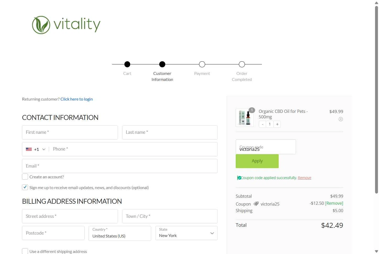Vitality CBD checkout page showing Vitality CBD discount code box | Screenshot taken by SimplyCodes community member on Dec 19, 2025