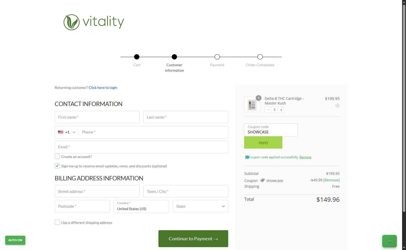Vitality CBD checkout page showing Vitality CBD discount code box | Screenshot taken by SimplyCodes community member on Oct 8, 2025