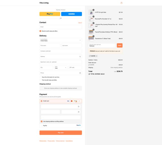 Vita Living checkout page showing Vita Living coupon code box | Screenshot taken by SimplyCodes community member on Sep 10, 2025