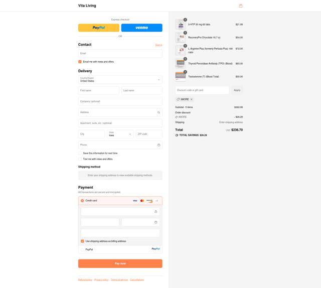 Vita Living checkout page showing Vita Living coupon code box | Screenshot taken by SimplyCodes community member on Sep 10, 2025