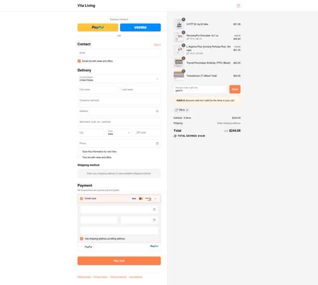 Vita Living checkout page showing Vita Living coupon code box | Screenshot taken by SimplyCodes community member on Sep 10, 2025
