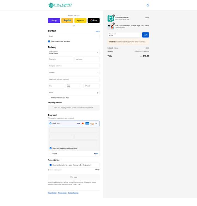 Vital Supply Store checkout page showing Vital Supply Store discount code box | Screenshot taken by SimplyCodes community member on Sep 9, 2025