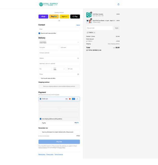 Vital Supply Store checkout page showing Vital Supply Store discount code box | Screenshot taken by SimplyCodes community member on Sep 13, 2025