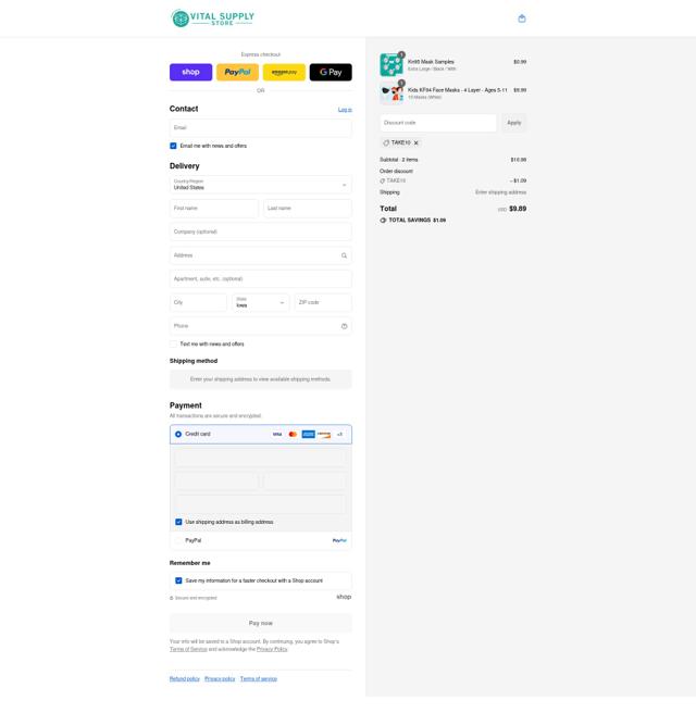 Vital Supply Store checkout page showing Vital Supply Store discount code box | Screenshot taken by SimplyCodes community member on Sep 9, 2025