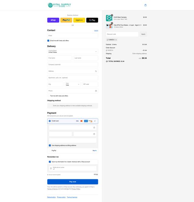 Vital Supply Store checkout page showing Vital Supply Store discount code box | Screenshot taken by SimplyCodes community member on Sep 9, 2025
