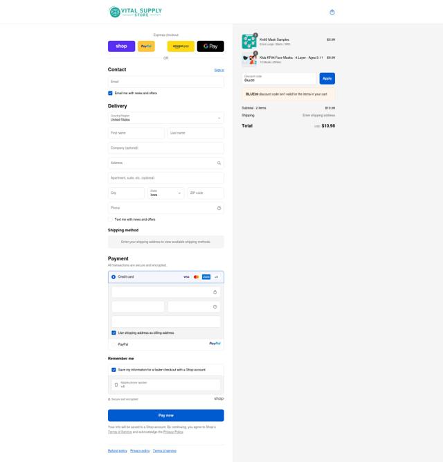 Vital Supply Store checkout page showing Vital Supply Store discount code box | Screenshot taken by SimplyCodes community member on Sep 13, 2025