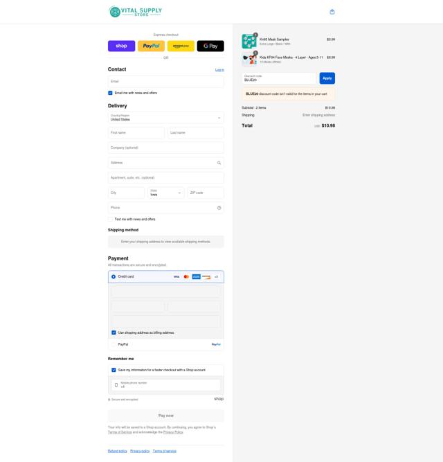 Vital Supply Store checkout page showing Vital Supply Store discount code box | Screenshot taken by SimplyCodes community member on Sep 9, 2025