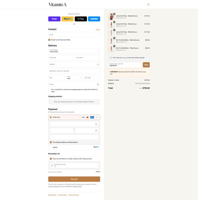 Vitamin A Swim checkout page showing Vitamin A Swim promo code box | Screenshot taken by SimplyCodes community member on Sep 13, 2025