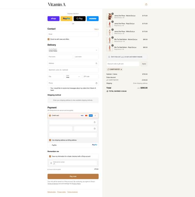 Vitamin A Swim checkout page showing Vitamin A Swim promo code box | Screenshot taken by SimplyCodes community member on Sep 13, 2025