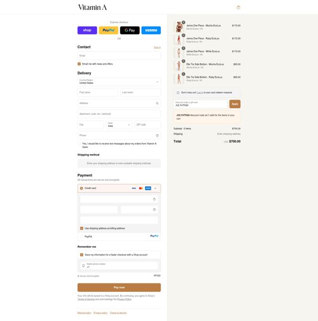 Vitamin A Swim checkout page showing Vitamin A Swim promo code box | Screenshot taken by SimplyCodes community member on Sep 13, 2025