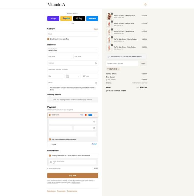 Vitamin A Swim checkout page showing Vitamin A Swim promo code box | Screenshot taken by SimplyCodes community member on Sep 13, 2025