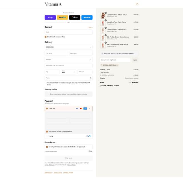 Vitamin A Swim checkout page showing Vitamin A Swim promo code box | Screenshot taken by SimplyCodes community member on Sep 13, 2025