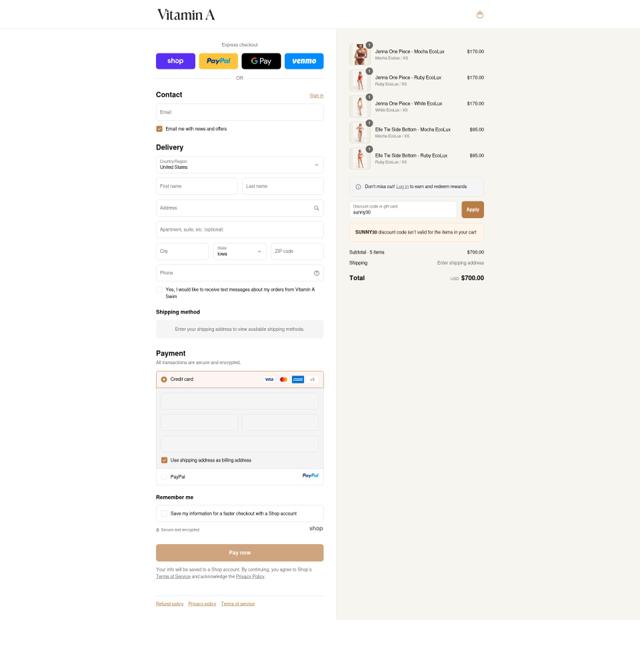 Vitamin A Swim checkout page showing Vitamin A Swim promo code box | Screenshot taken by SimplyCodes community member on Sep 13, 2025