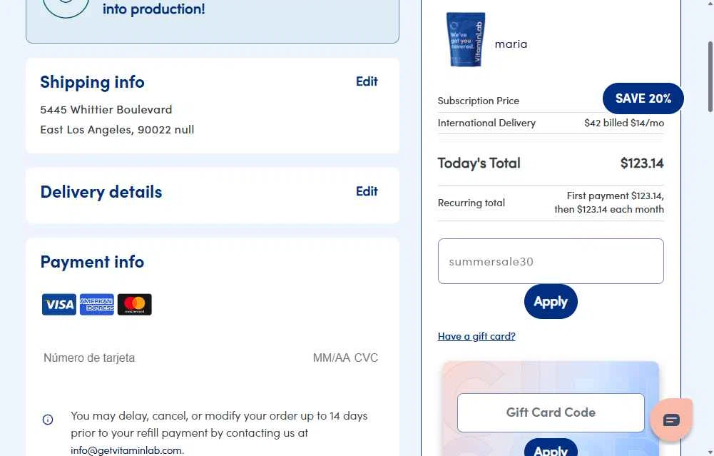 Vitamin Lab checkout page showing Vitamin Lab coupon code box | Screenshot taken by SimplyCodes community member on Sep 28, 2025