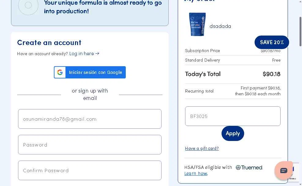 Vitamin Lab checkout page showing Vitamin Lab coupon code box | Screenshot taken by SimplyCodes community member on Nov 20, 2025