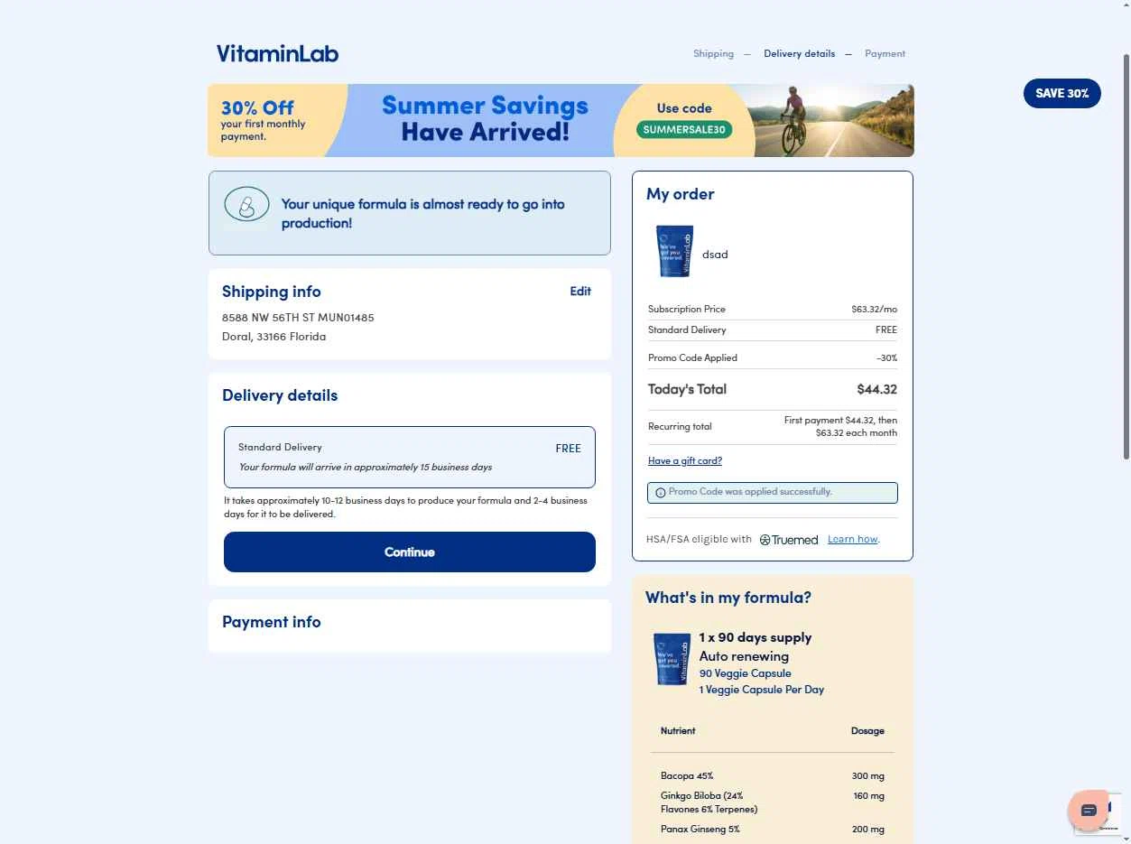 Vitamin Lab checkout page showing Vitamin Lab coupon code box | Screenshot taken by SimplyCodes community member on Aug 30, 2025