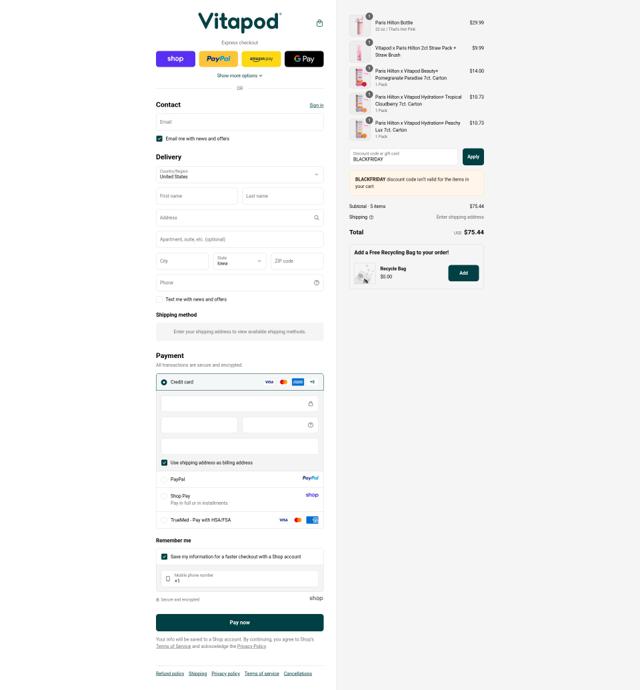 Vitapod checkout page showing Vitapod promo code box | Screenshot taken by SimplyCodes community member on Sep 17, 2025