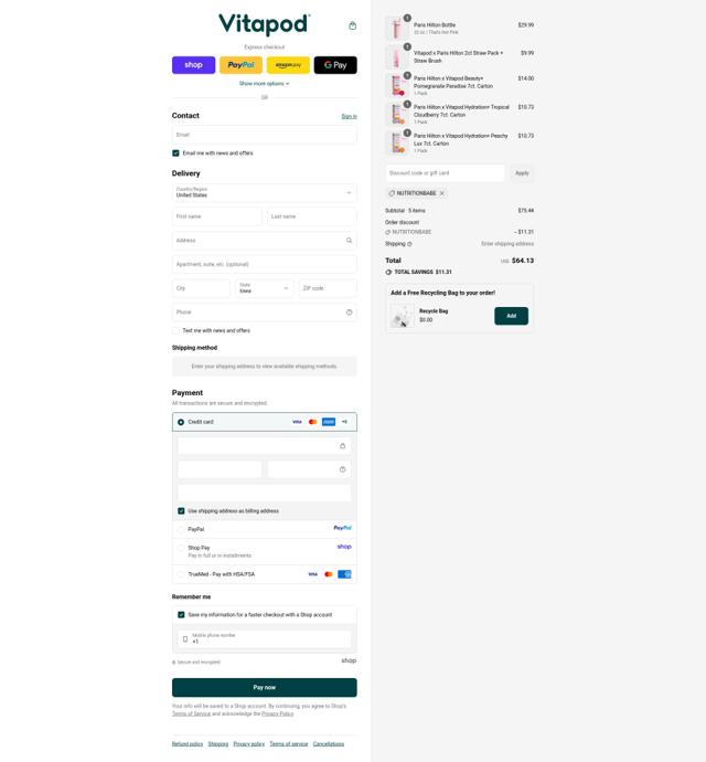 Vitapod checkout page showing Vitapod promo code box | Screenshot taken by SimplyCodes community member on Sep 17, 2025