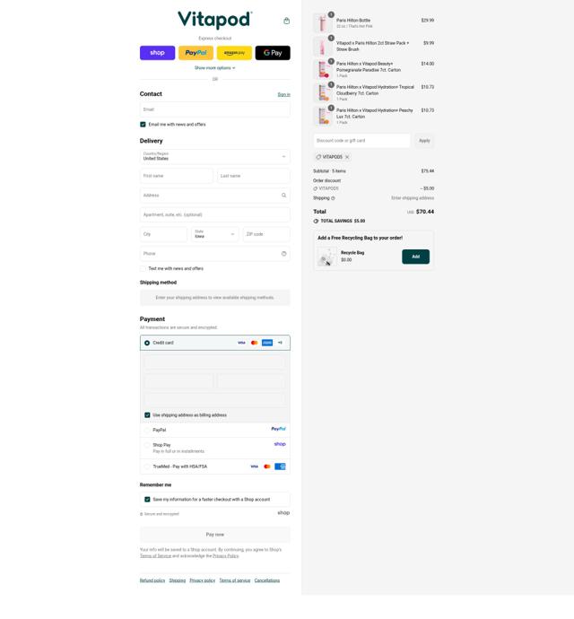 Vitapod checkout page showing Vitapod promo code box | Screenshot taken by SimplyCodes community member on Sep 17, 2025