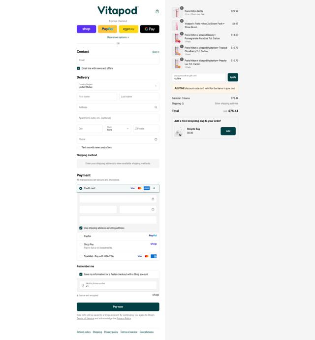 Vitapod checkout page showing Vitapod promo code box | Screenshot taken by SimplyCodes community member on Sep 17, 2025