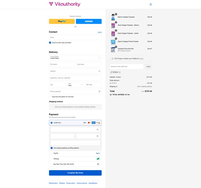 Vitauthority checkout page showing Vitauthority coupon code box | Screenshot taken by SimplyCodes community member on Sep 4, 2025