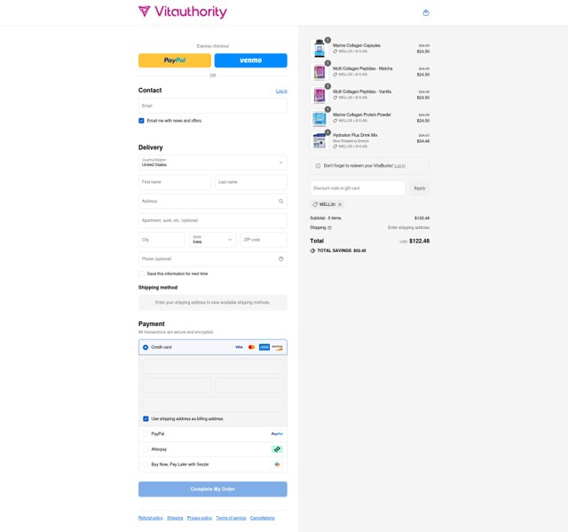 Vitauthority checkout page showing Vitauthority coupon code box | Screenshot taken by SimplyCodes community member on Sep 4, 2025