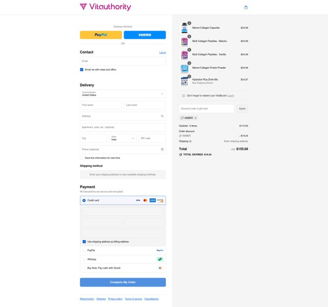 Vitauthority checkout page showing Vitauthority coupon code box | Screenshot taken by SimplyCodes community member on Sep 4, 2025