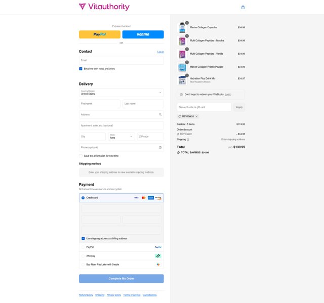 Vitauthority checkout page showing Vitauthority coupon code box | Screenshot taken by SimplyCodes community member on Sep 4, 2025